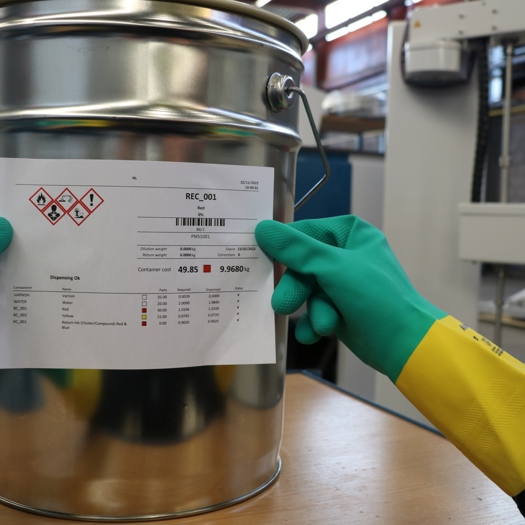GSE Hazard symbol printing software ensures appropriate warning labels are printed for any dispensed spot colour blends that contain hazardous ingredients