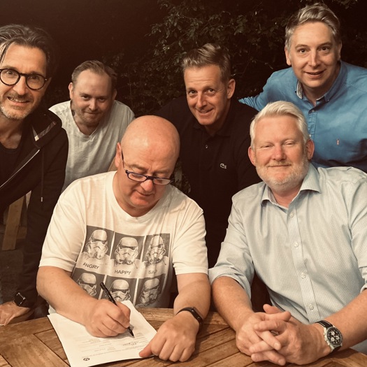 Deal signed (LR): Markus Weiss, general manager HP EMEA; Ash White, managing director Replica Solutions; Lipman; Emberson; Simon Kingham, HP Pagewide Web Press sales specialist; and Jolly